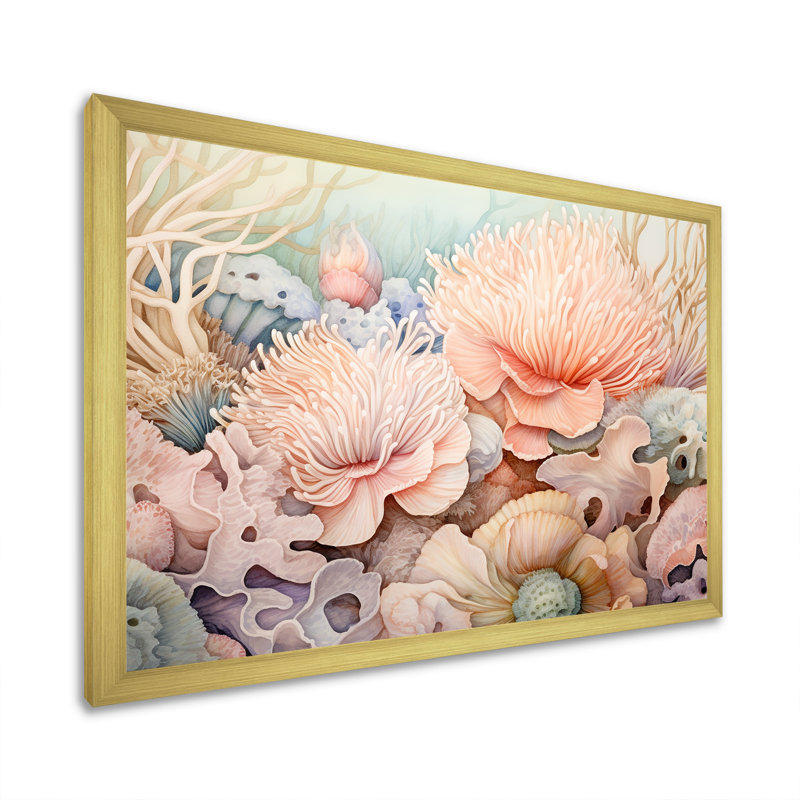 Anémone de mer pastel élégant I, H 34 po x l 44 po x P 1,5 po, Cadre doré simple