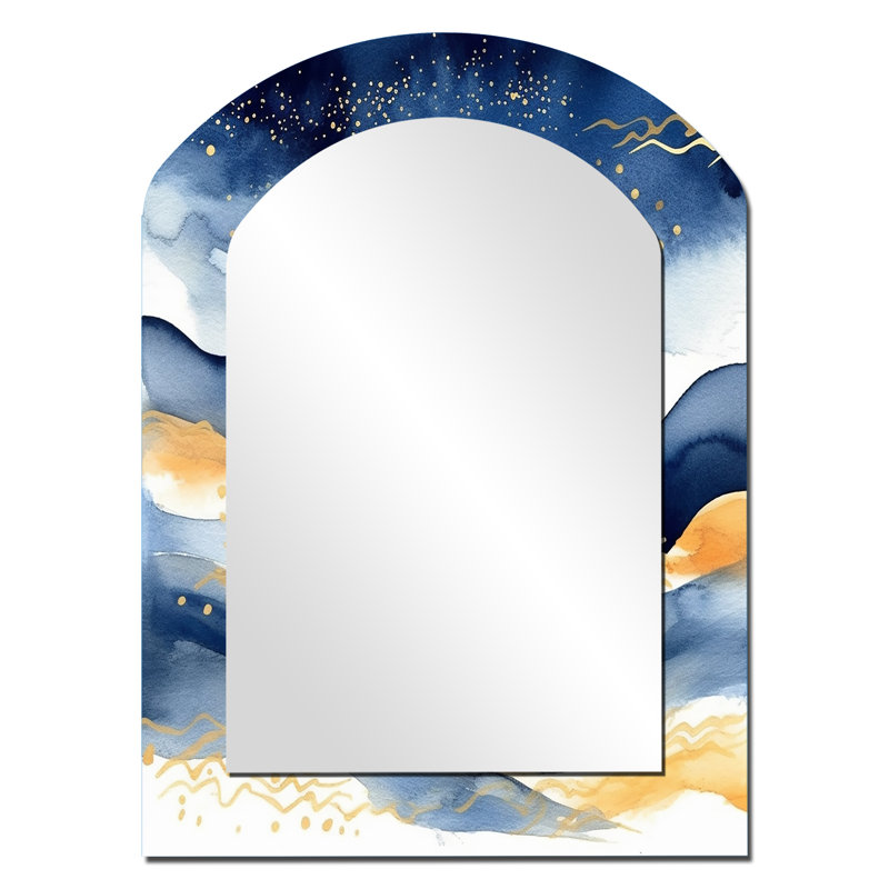 Linch Dark Blue and Gold Abstract IX - Fractals Asymmetrical Decorative Wall Mirror, Blue Arch Large Mirror, Printed Metal Art