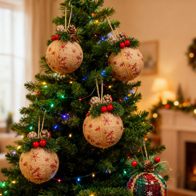 6PCS Christmas Plaid Ball Ornaments, 3.15 Inch Gingham Ball Ornaments with Pinecones and Green Leaves, Holiday Decoration Christmas Tree Hanging Ball