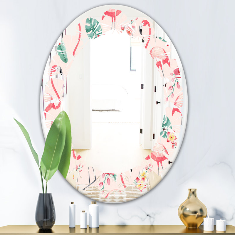 Modern Farmhouse Wall Mirror, 31.5" x 23.7" , Leaves Botanicals, Flowers and Flamingo II