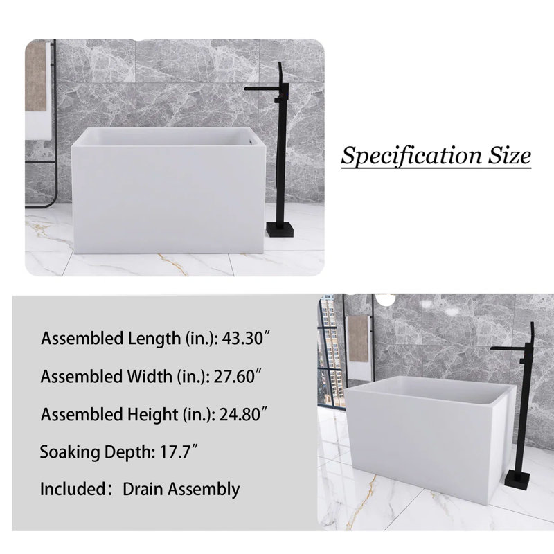 43" Acrylic Freestanding Bathtub ,Spacious rectangle Shape, Gloss White Finish, Chrome Overflow & Pop-Up Drain CUPC Certificate 