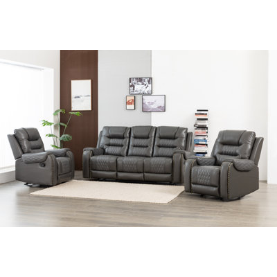 3-Piece Vegan Leather Manual Reclining Living Room Set With Hidden Cupholder