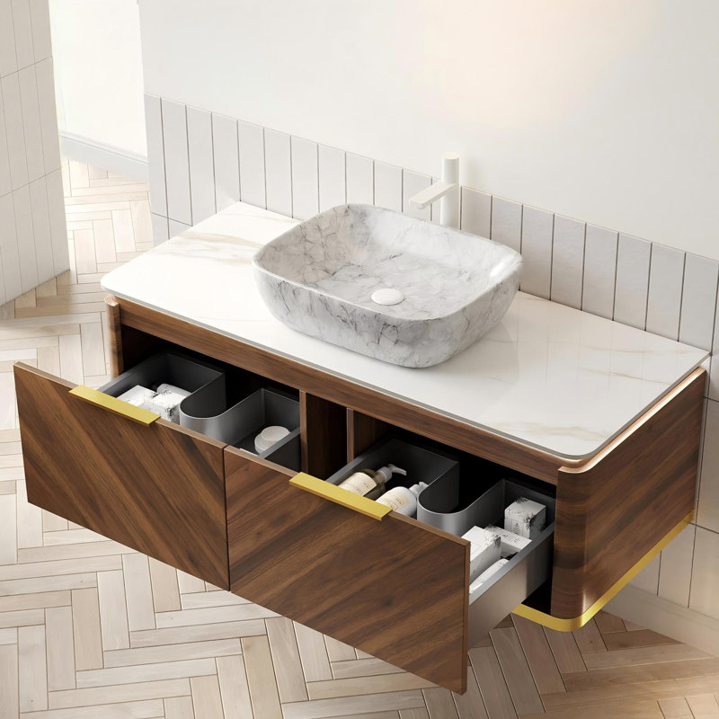 Meuble-lavabo mural 48 po avec tiroirs et vasque rectangulaire en marbre, 48"