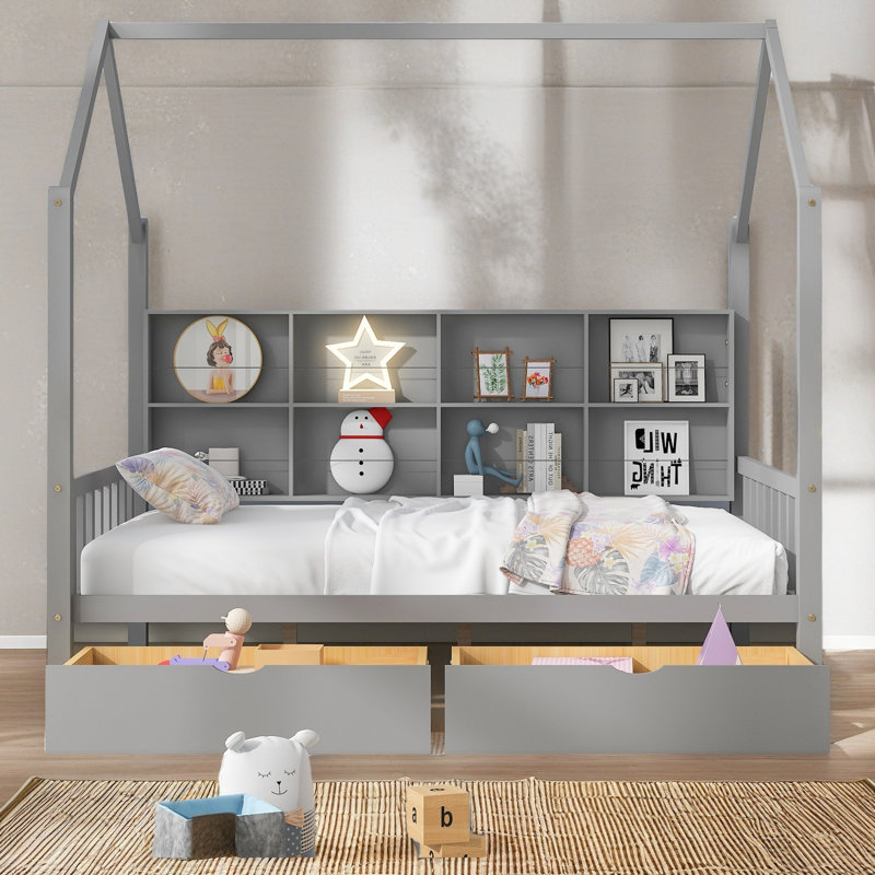 Lit en bois avec 2 tiroirs, Gris, Lit double