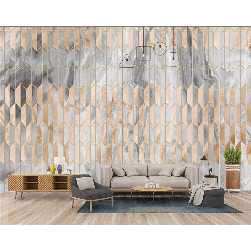 Papier peint amovible moderne à motif géométrique doré et marbre noir, L 105,96 po x l 187 po