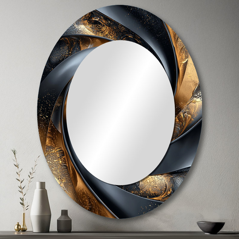 Abstract Spirals In Gold And Black Tones IV - Modern Oval Wall Mirror, 43" x 33"