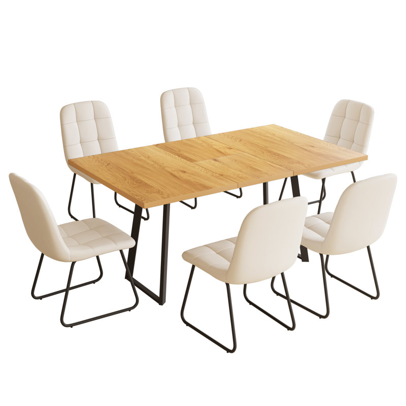 Kitchen Dining Set, Extendable Dining Table with Upholstered Dining Chairs, White