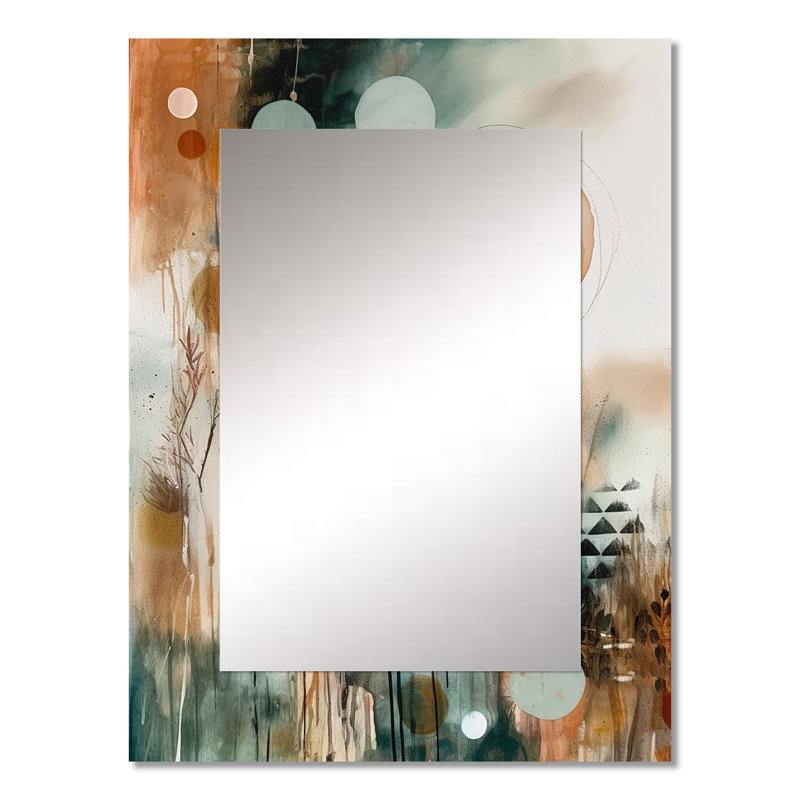 Vert et brun artistique Libération I - miroir décoratif plume Boho, grand miroir mural traditionnel, impression d'art en métal