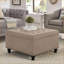 Repose-pieds avec rangement, grande table basse carrée en lin capitonnée avec pieds en bois pour le salon | Bois | Lin-1273025404