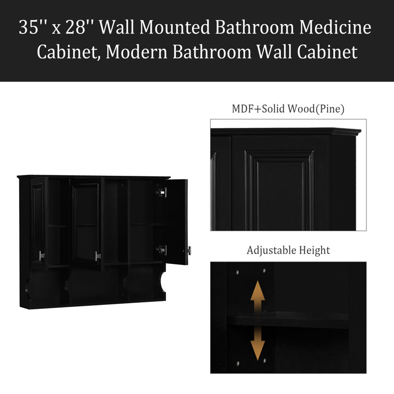 Armoire à pharmacie murale 35 po x 28 po, armoire de salle de bain moderne avec miroir, armoire à miroir avec tablettes ouvertes
