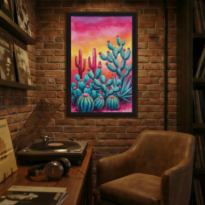 Plants & Flowers Colorful Cactus Desert Sunset Landscape Art Print