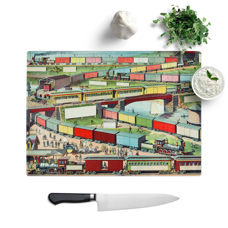 Tempered Glass Vintage Steam Train Illustration Chopping Board, 39 cm W x 28.5 cm L