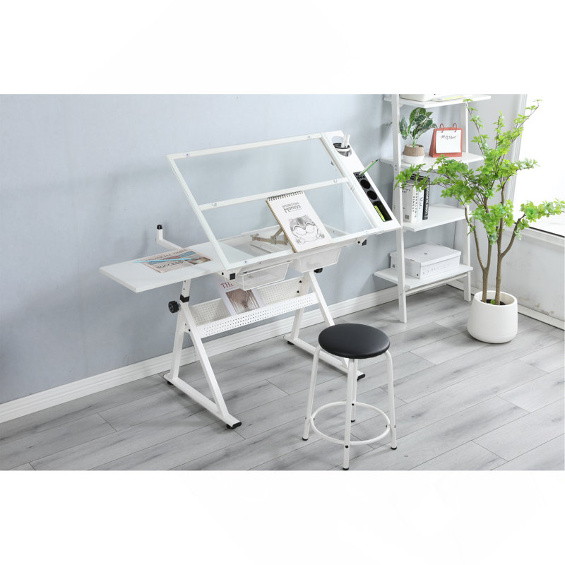 Table à dessin réglable en verre trempé avec chaise, Blanc