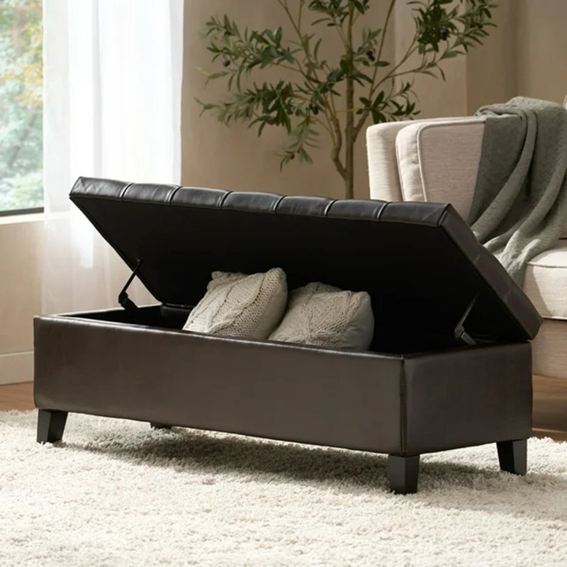 Banc repose-pieds avec rangement, surface en polyuréthane, pieds en bois d'hévéa, capacité de 300 lb, Marron foncé