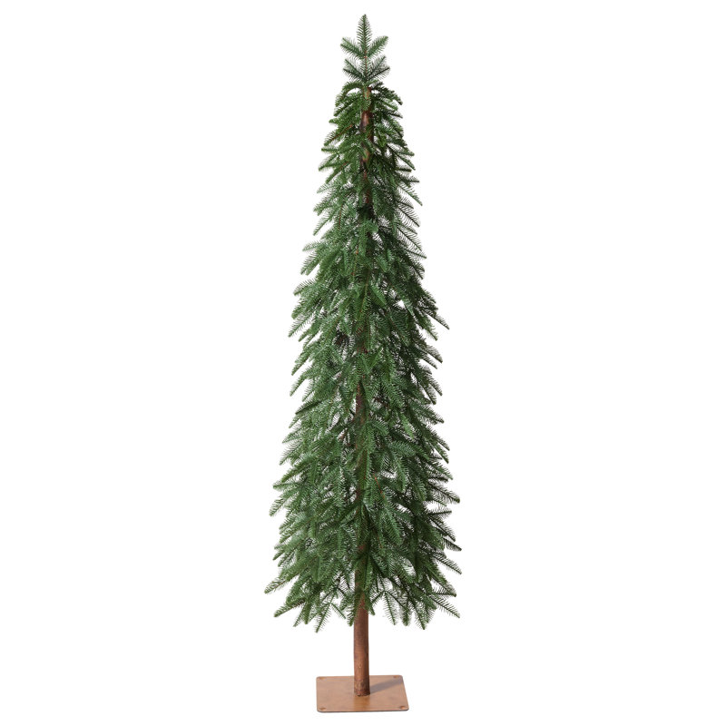 Sapin de Noël artificiel en pin de 1,80 m, réaliste, avec un tronc en bois véritable et des aiguilles plates en PE - Sapin élancé et robuste avec base en fer pour une décoration moderne de maison, de bureau ou d'entrée.