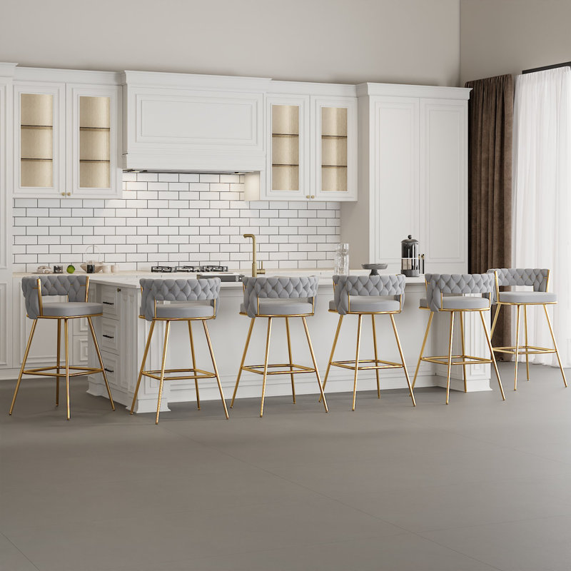 Bar Stools Set Of 6 Counter Height Velvet Upholstered Morden Barstools With High Backs 6 Metal Legs Chair For Kitchen Island Dining Room Bar, Gray