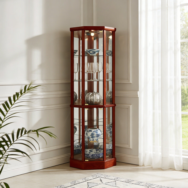 Vitrine de coin éclairée 6 tablettes, Cerisier