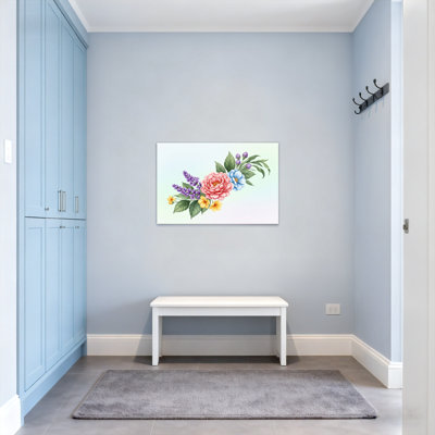 Arrangement floral de plantes et de fleurs avec des fleurs roses, bleues et jaunes Z251224084240944368