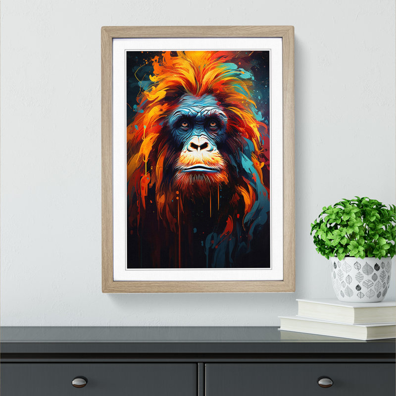 Orangutan Expressionism No.2 - Single Picture Frame Print on Wood, Oak Framed, 64cm H x 46cm W x 2cm D