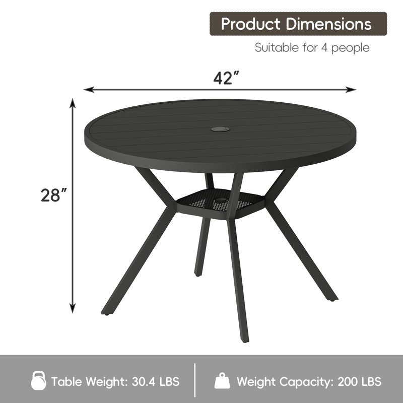 42" Round Outdoor Patio Dining Table, All-weather Metal Patio Table With Adjustable Umbrella Hole, Outdoor Furniture For Lawn, Garden, Backyard