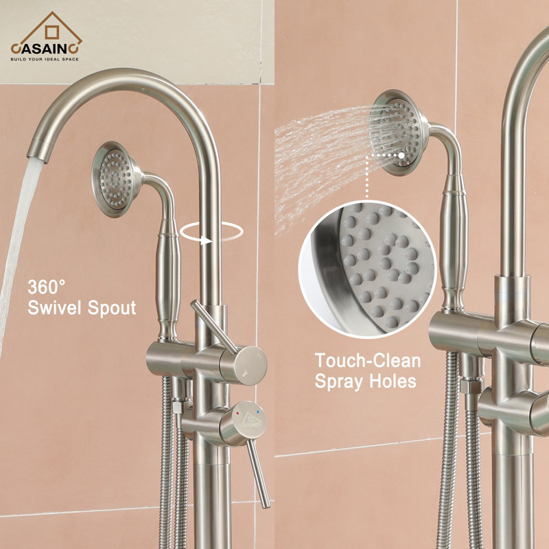 2 Handle Floor Clawfoot Tub Faucet with Diverter, Brushed Nickel