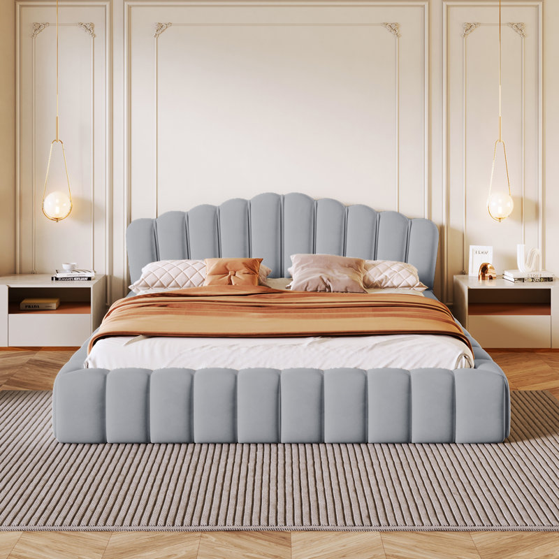 Tête de lit en velours rembourré avec cadre de lit et tête de lit pour chambre à coucher, Bleu clair