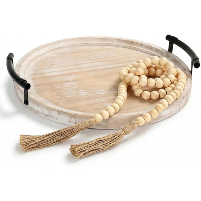 Decorative Round Tray with Bead Garland, Whitewashed Farmhouse Centerpiece for Coffee Table, Kitchen Island, Entryway