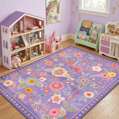 Motif floral 4 x 6 tapis lavable imprimé boho tapis mignon antidérapant fleur bas pour salon chambre cuisine bureau ferme - mauve / rose / multicolore