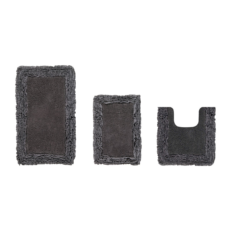 Ensemble de tapis pour salle de bain 100% coton 1775 g / m² 3 pièces Courson, certifié OEKO-TEX®, envers en latex antidérapant, motif de volants touffetés moelleux, super absorbant, tapis de salle de bain lavables à la machine, gris