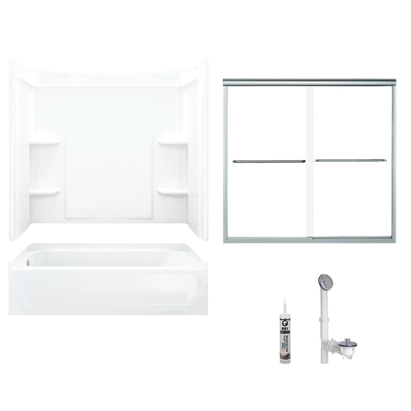 60" W x 73" H Frameless Rectangle Sliding Tub & Shower Kit with Towel Bar and Base Included, Silver