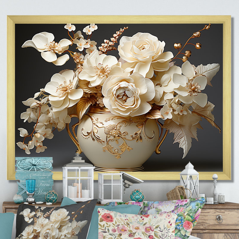 Impression sur toile Baroque Hydrangea blanc et or VII - Hydrangea, Cadre doré simple, H 16 po x l 32 po x P 1 po