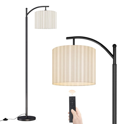 Arc Floor Lamp with Adjustable Lampshade Cream White Vertical Stripes Standing Lamp 3 Color Temperatures Dimmable Tall Pole Lamp with Foot Switch for Bedroom