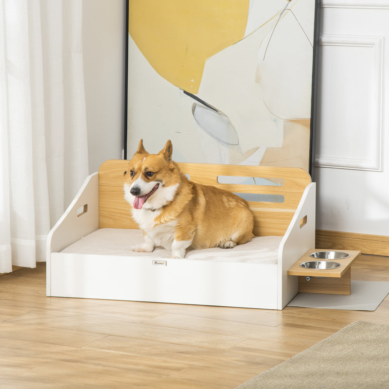 Structure de lit pour chien moderne avec coussin moelleux, housse lavable, 2 bols