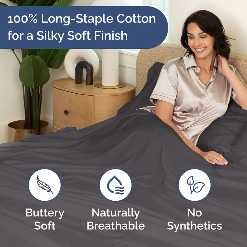 Drap en coton 400 fils - Drap rafraîchissant, respirant et doux, Très grand lit, Gris foncé