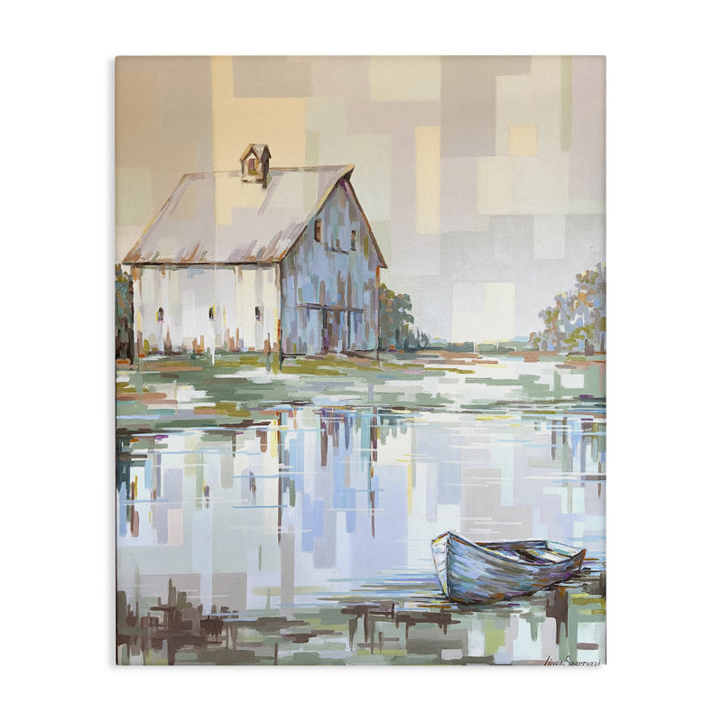 "White Barn Reflections Landscape", art mural par Linda Sperruche, H 16 po x l 20 po