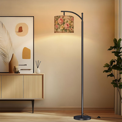 Arc Floor Lamp with Adjustable Lampshade Vintage Rose Prints Standing Lamp 3 Color Temperatures Dimmable Tall Pole Lamp with Foot Switch for Bedroom