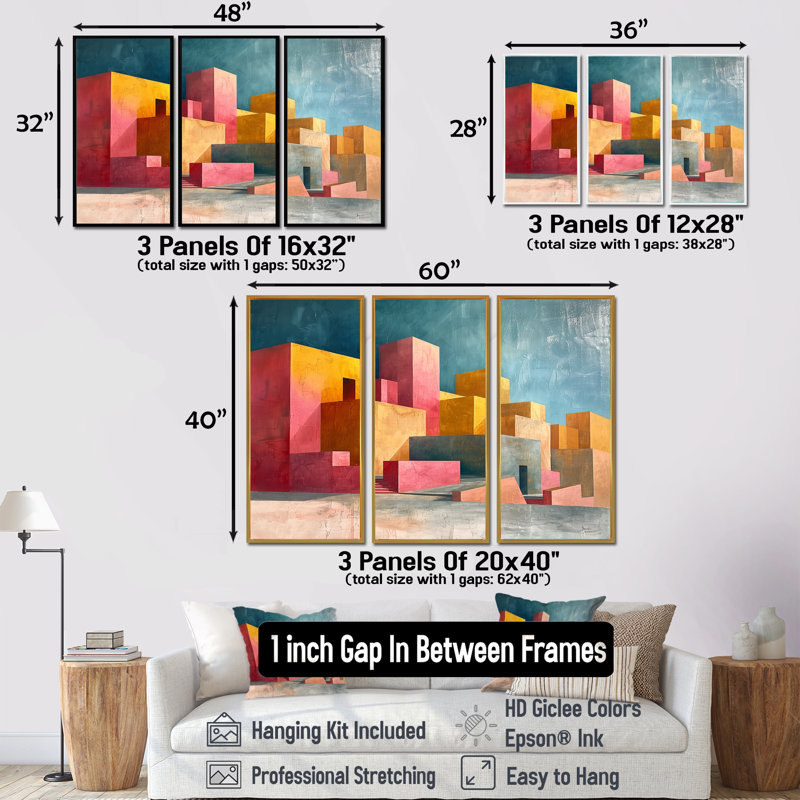Le Maroc en rose et jaune - ensemble d'impressions d'art de bâtiments de ville, H 28 po x l 12 po x P 1 po