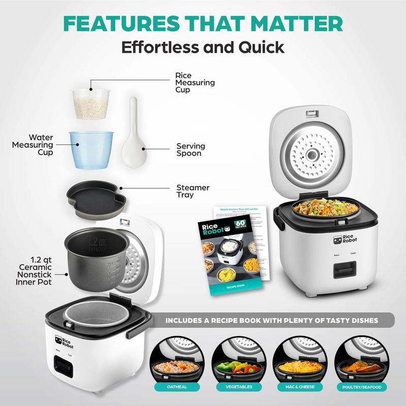 Compact White Electric Rice Cooker with Nonstick Pot and Steamer