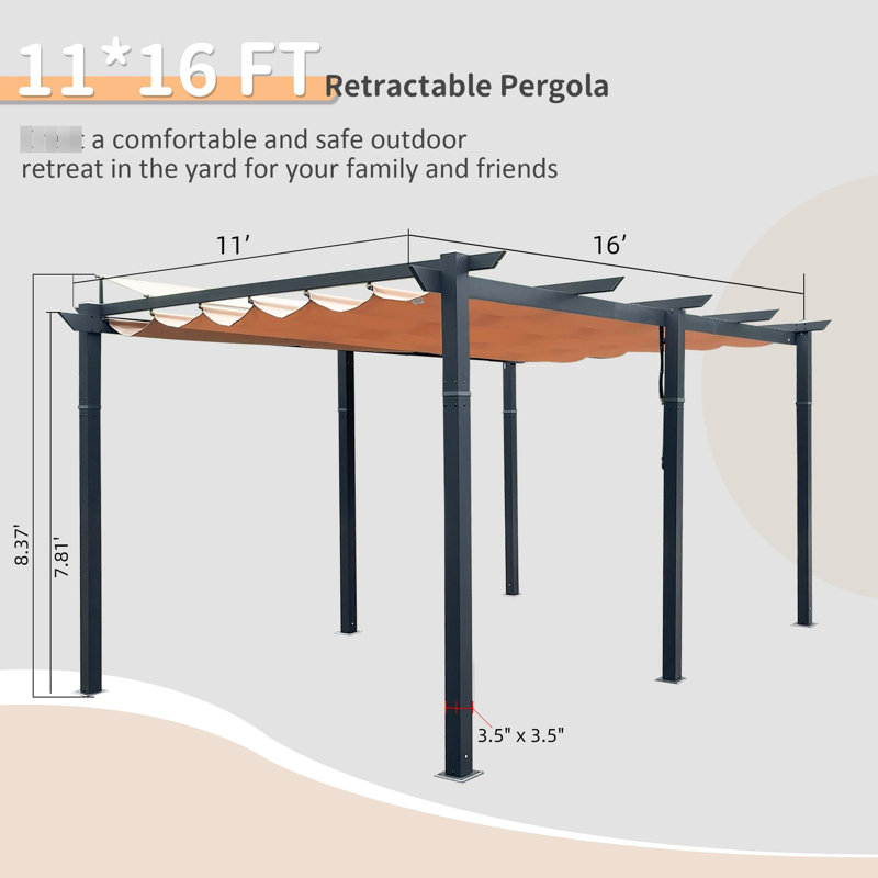 Pergola d'extérieur 11 x 16 pi kaki rétractable. Structure en aluminium, tissu ignifuge, abat-jour réglable, installation facile pour le patio, la cour, cadre robuste en rouille. Fade - Auvent. Couverture manuelle. Installation.