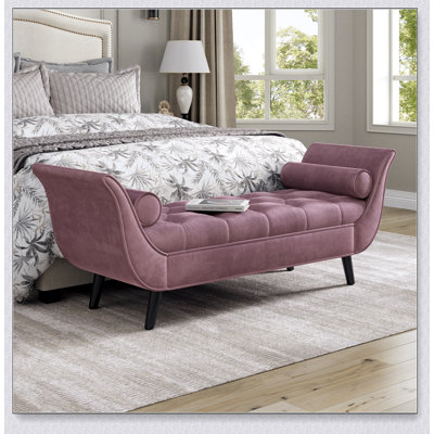 Banc rembourré en velours avec 2 coussins, repose-pieds capitonné, repose-pieds avec accoudoirs roulés et pieds en bois massif pour le vestibule et le salon