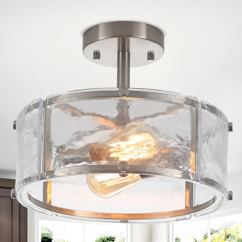 Plafonnier semi-encastré cylindrique en verre 2 lumières, Nickel