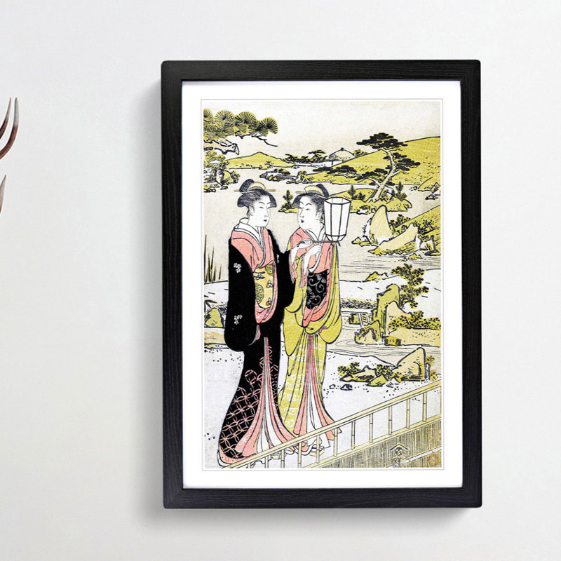 Two Women in a Garden by Torii Kiyonaga - Picture Frame Painting Print, 48cm H x 36cm W x 2cm D, Black Framed