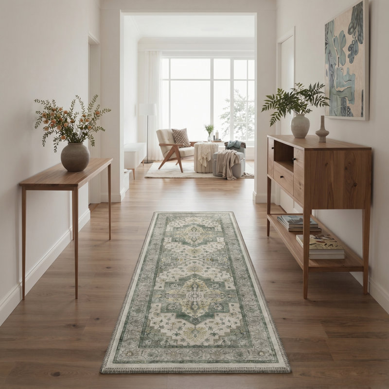Aurelia Vintage Floral Machine Washable Green / Beige Indoor Area Rug with Non-Slip Backing, Runner 2'6" x 8'