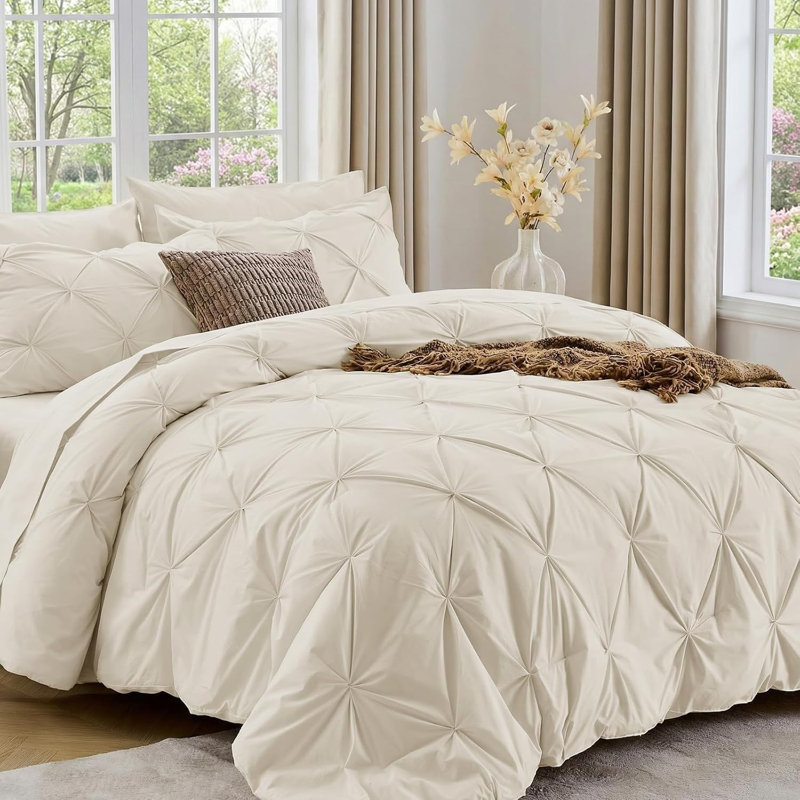 Sasttie Queen 7-Piece Comforter Set, Beige Pintuck Bedding Set, All-Season Bed in a Bag with Comforter, Flat Sheet, Fitted Sheet, Pillowcases & Pillow Shams