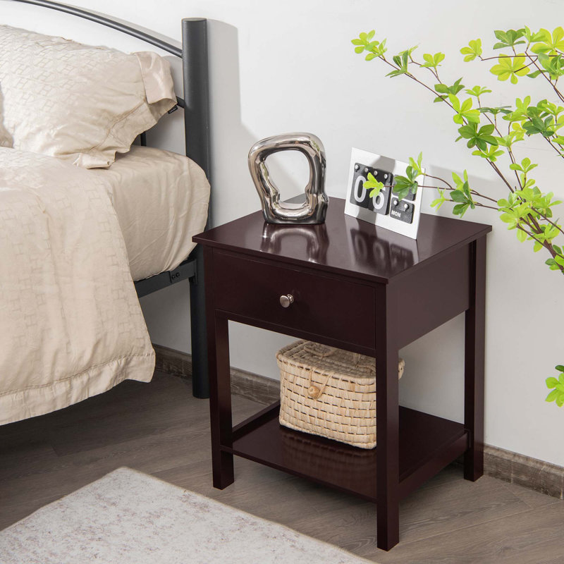 Nightstand With Drawer Storage Shelf Wooden Bedside Sofa Side Table, Coffee