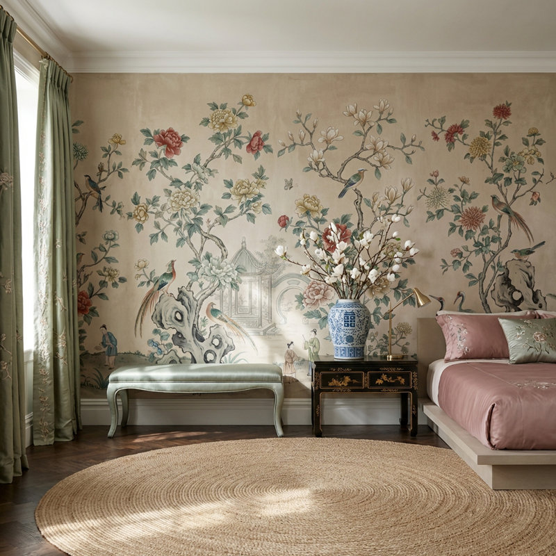 Papier peint floral, oiseaux, décoration murale traditionnelle amovible, Non-Woven Nonpasted, 140"x108"