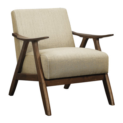 Brown Fabric Arm Chair: Walnut Finish Wood Frame, Foam Padding Present Textured Accent Filled
