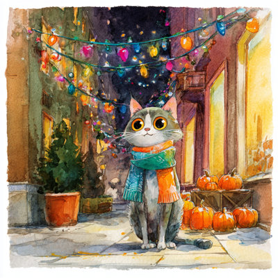«Cat Under Festival Lights», art mural sur toile tendue