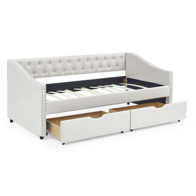 Comfortable Tufted Sofa Bed With Drawers And Sturdy Construction, Beige