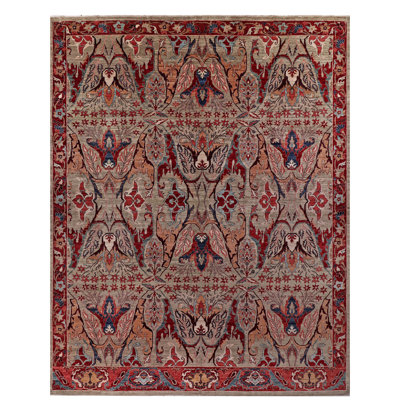 Tapis unique en laine vert clair / rouge 11 pi 9 po x 14 pi 10 po